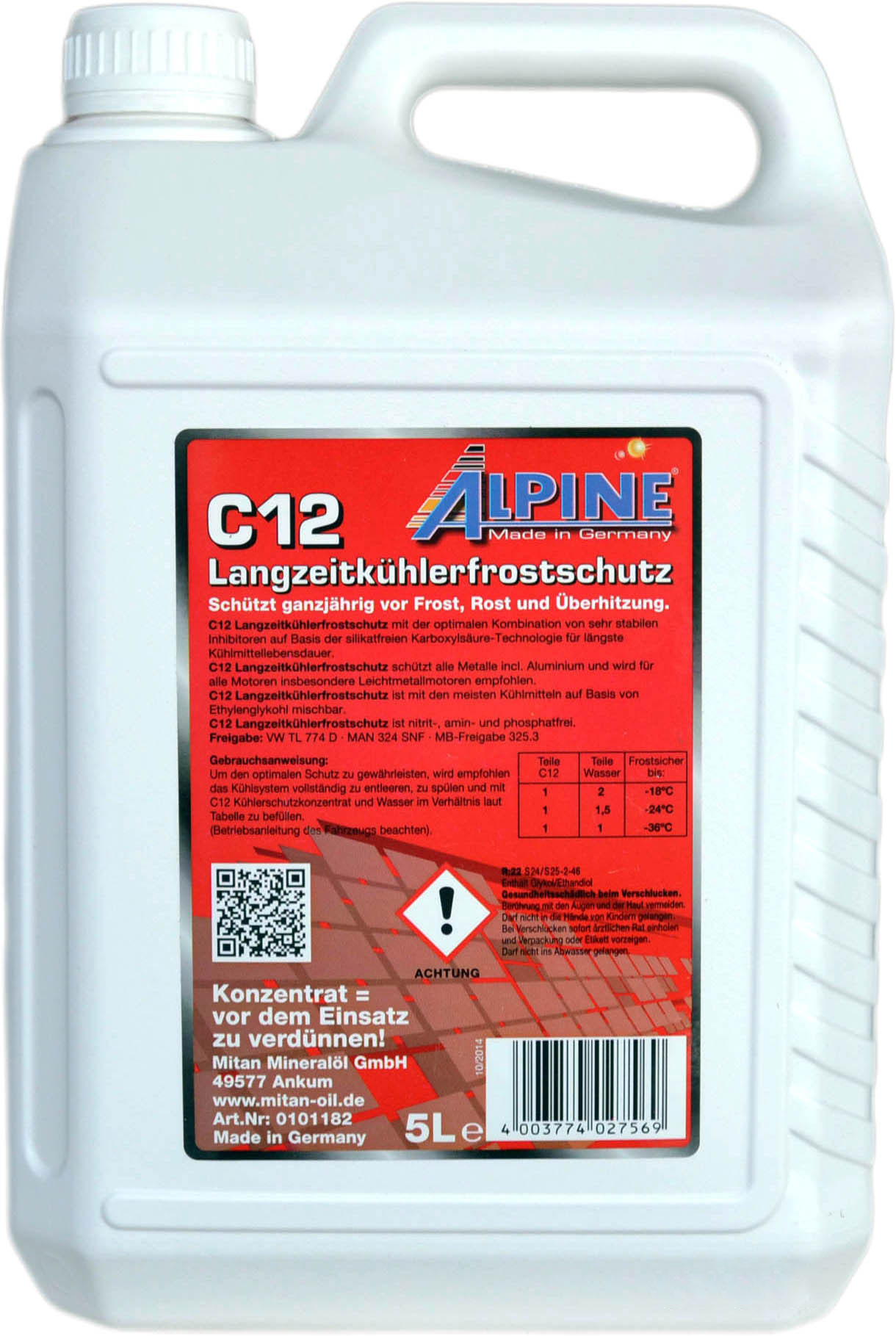 Охолоджувальна рідина ALPINE G12, концентрат, червоний, 5 л (4003774027569)